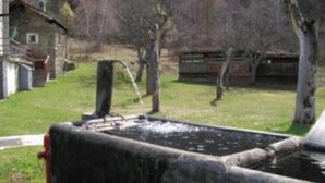 Un vieux puits en pierre, d’un style rustique, dans lequel l’eau s’écoule, entouré d’une zone herbeuse et d’arbres.