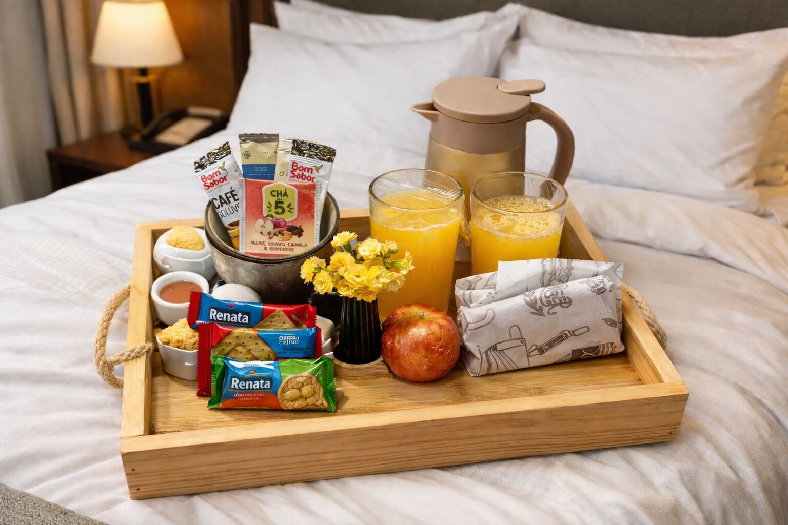 A breakfast tray on a bed with a coffee pot, juice glasses, snacks, and a small vase of flowers.