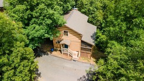 A wooden cabin surrounded by dense forest.