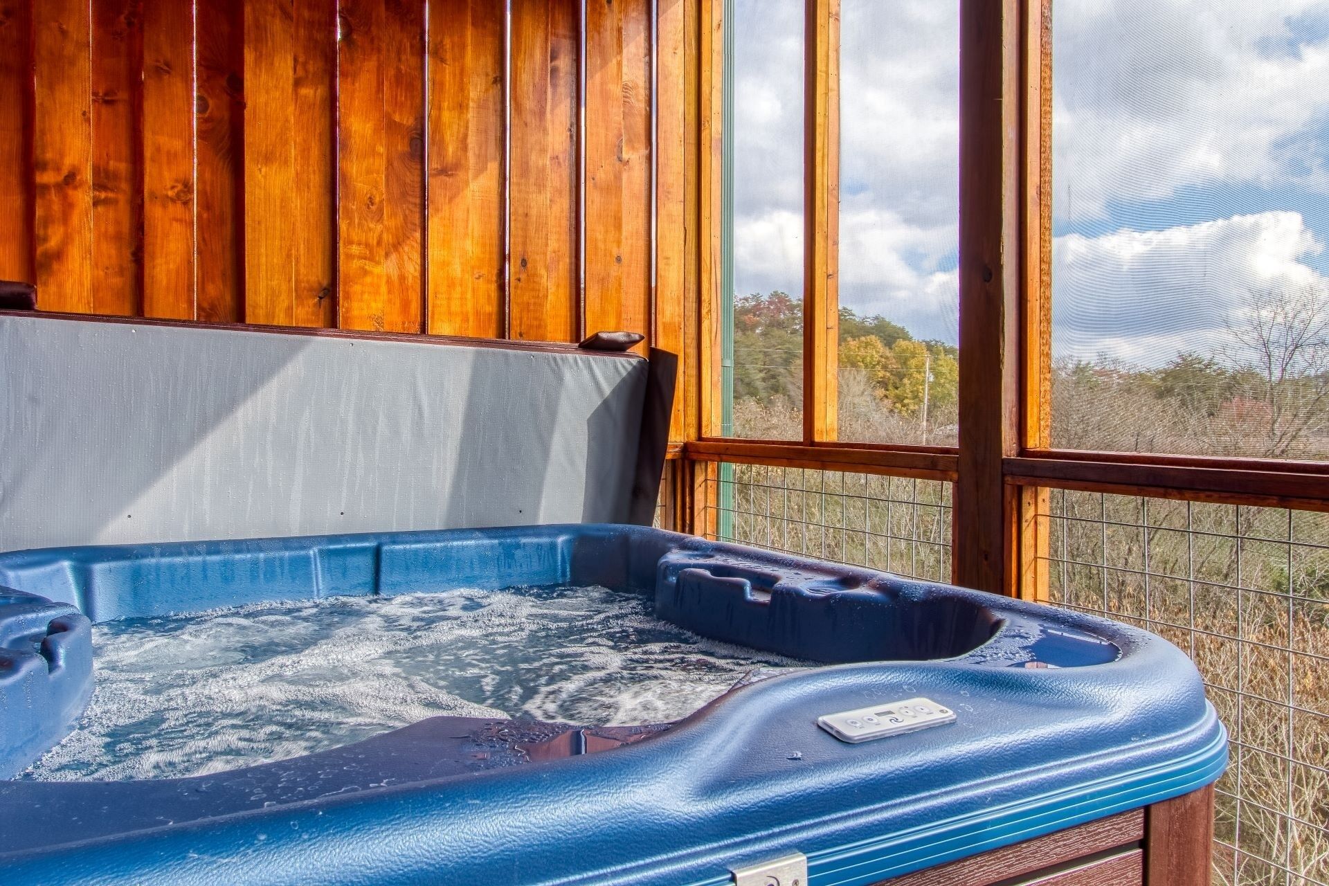 Ein Whirlpool mit Holzinnenraum und Blick auf eine natürliche Landschaft durch ein großes Fenster.