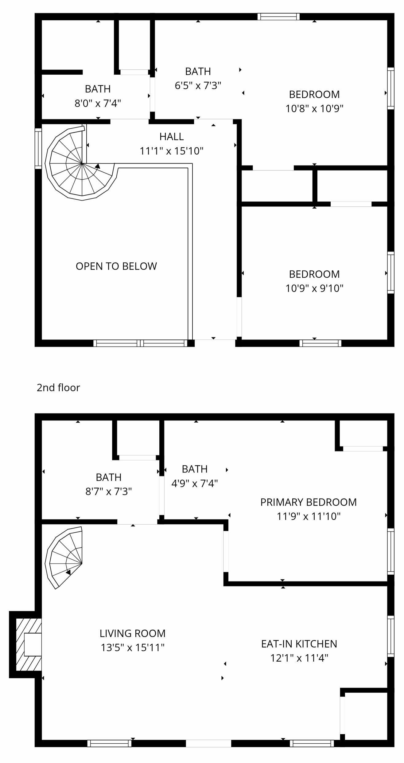 A 2nd floor layout with a 6'5' x 7'3' bathroom, a 10'8' x 10'9' bedroom, a 13'5' x 15'11' living room, and a 12'1' x 11'4' eat-in kitchen.