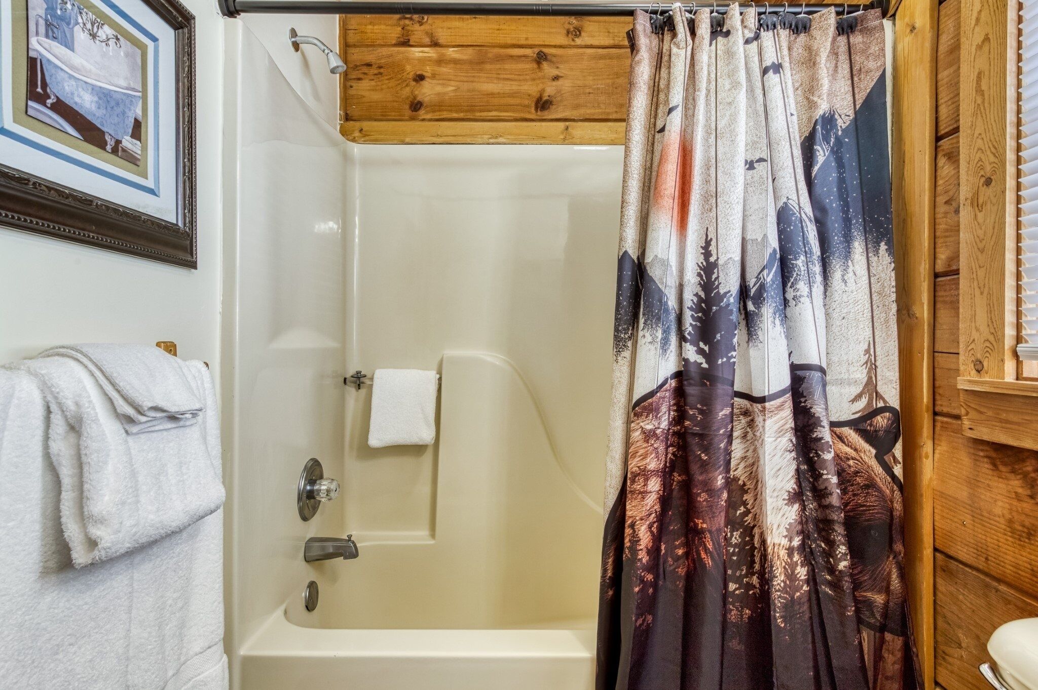Un baño con bañera, cortina de ducha con diseño de montaña y un cuadro enmarcado en la pared.