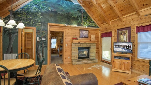 Un interior de cabaña acogedor, con chimenea de piedra, mobiliario de madera y un televisor.