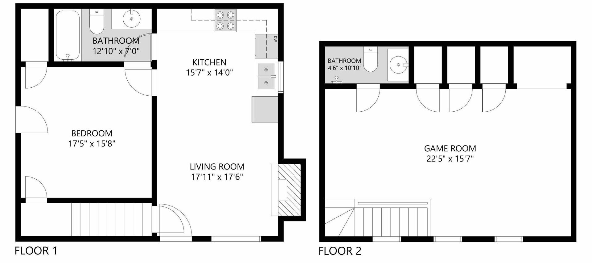 Dos planos de planta de un hotel que muestran un dormitorio, sala de estar, cocina, baño y sala de juegos.