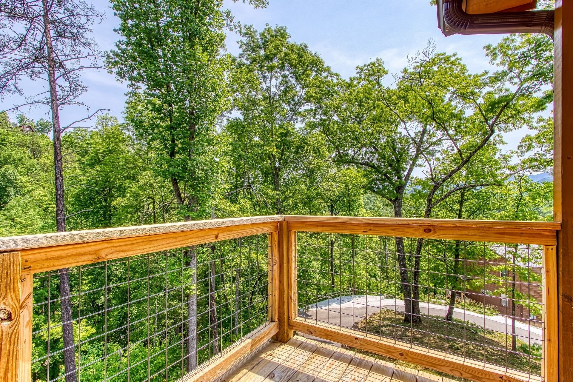 A wooden deck with a metal railing overlooking a forested area.