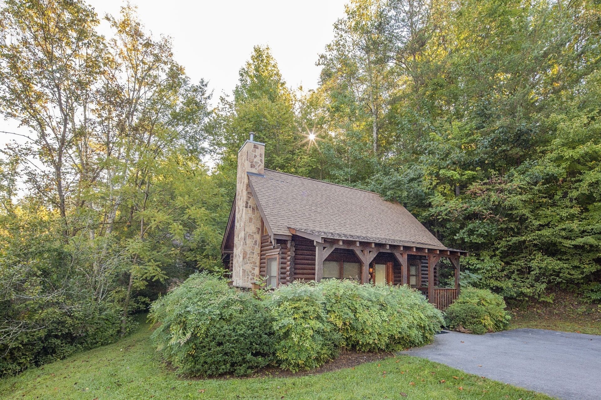 A log cabin with a stone chimney, surrounded by lush greenery and a paved driveway.
