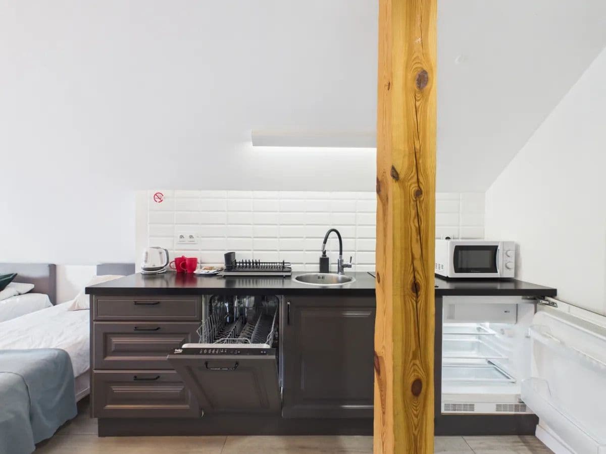 A compact kitchenette with a built-in dishwasher, a microwave, and a sink.