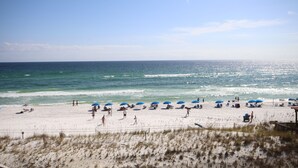A beach with people, umbrellas, and a sandy shore.