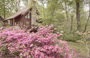 A rustic cabin with a stone chimney, surrounded by lush greenery and blooming pink azaleas. - Er83 - Savage Loft - Your Close To The Action Cabin Getaway 2 Bedroom Cabin by RedAwning (Pigeon Forge)