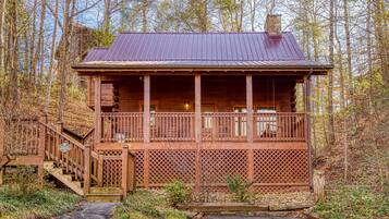 A rustic cabin with a wooden exterior, a metal roof, and a covered porch with a lattice railing.