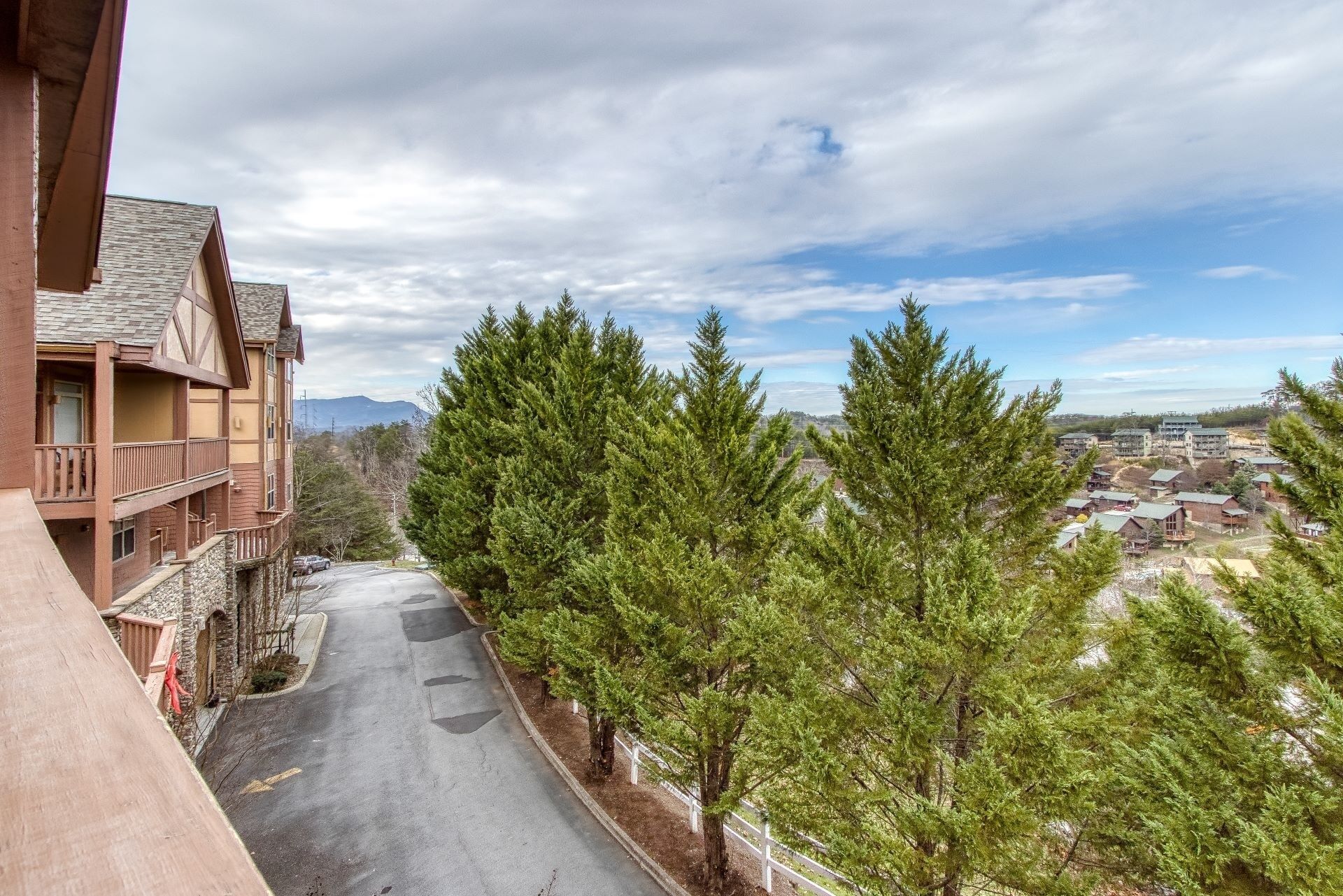 A residential street lined with tall evergreen trees and a building with a balcony on the left.