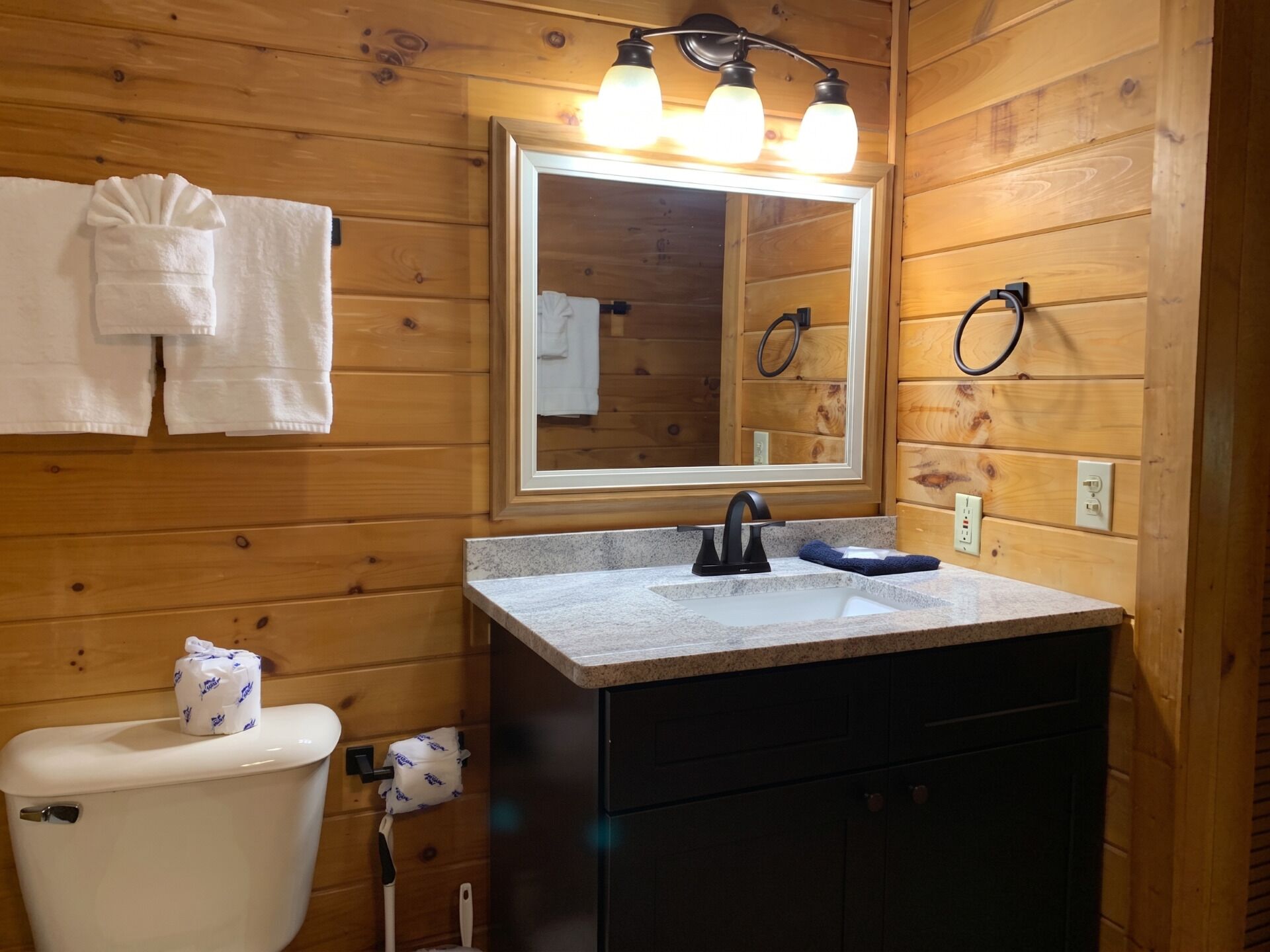 A wooden cabin bathroom with a sink, mirror, and toilet.