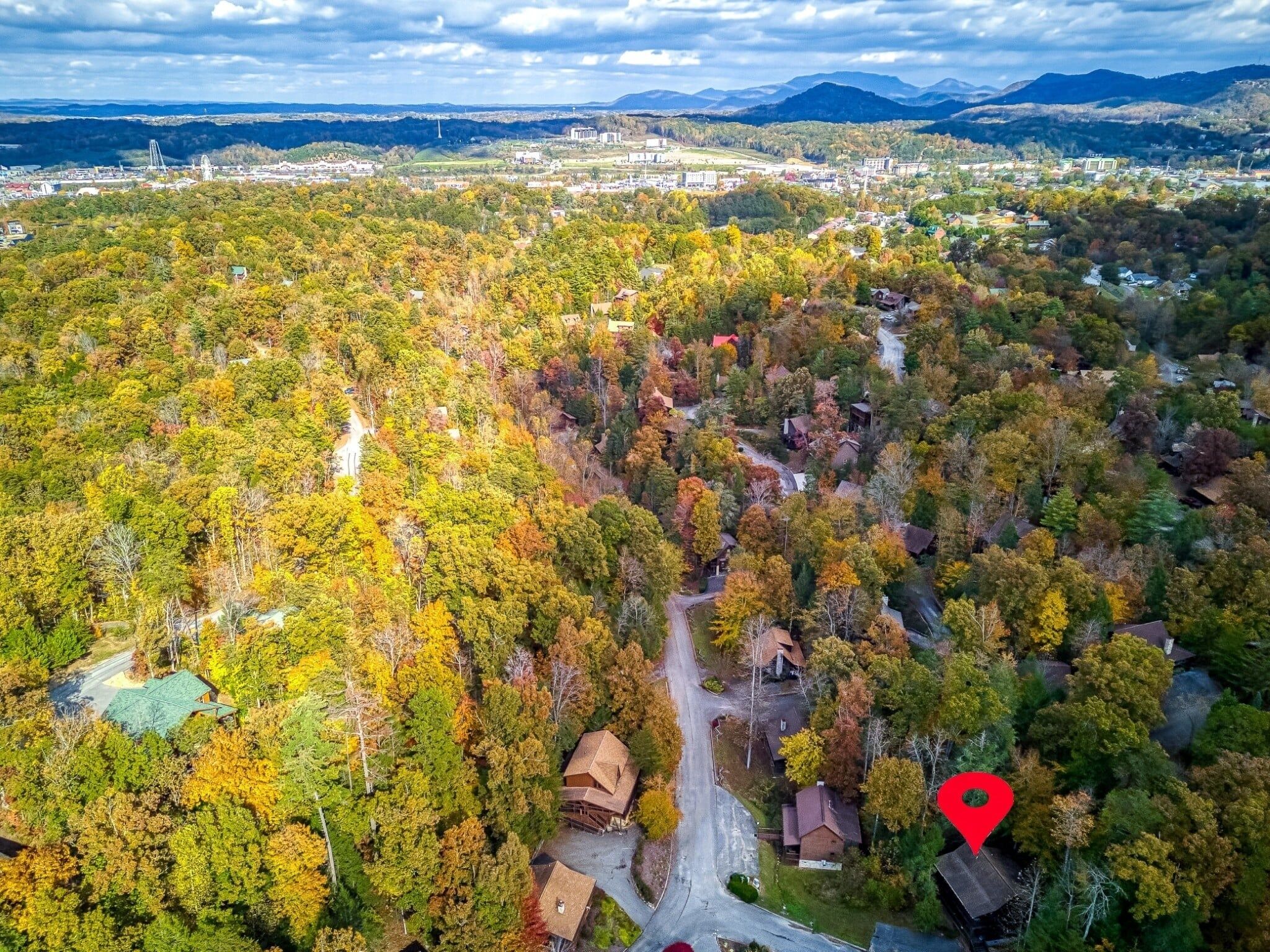 An aerial view of a forested area with a road, houses, and a distant cityscape.