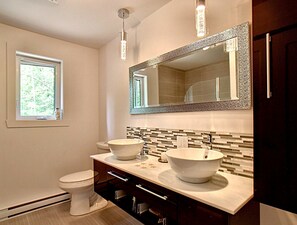 Hair dryer, towels, soap, shampoo