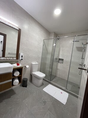 Casa de banho moderna com cabine de duche em vidro, sanita e zona de lavatório com espelho e porta-toalhas.