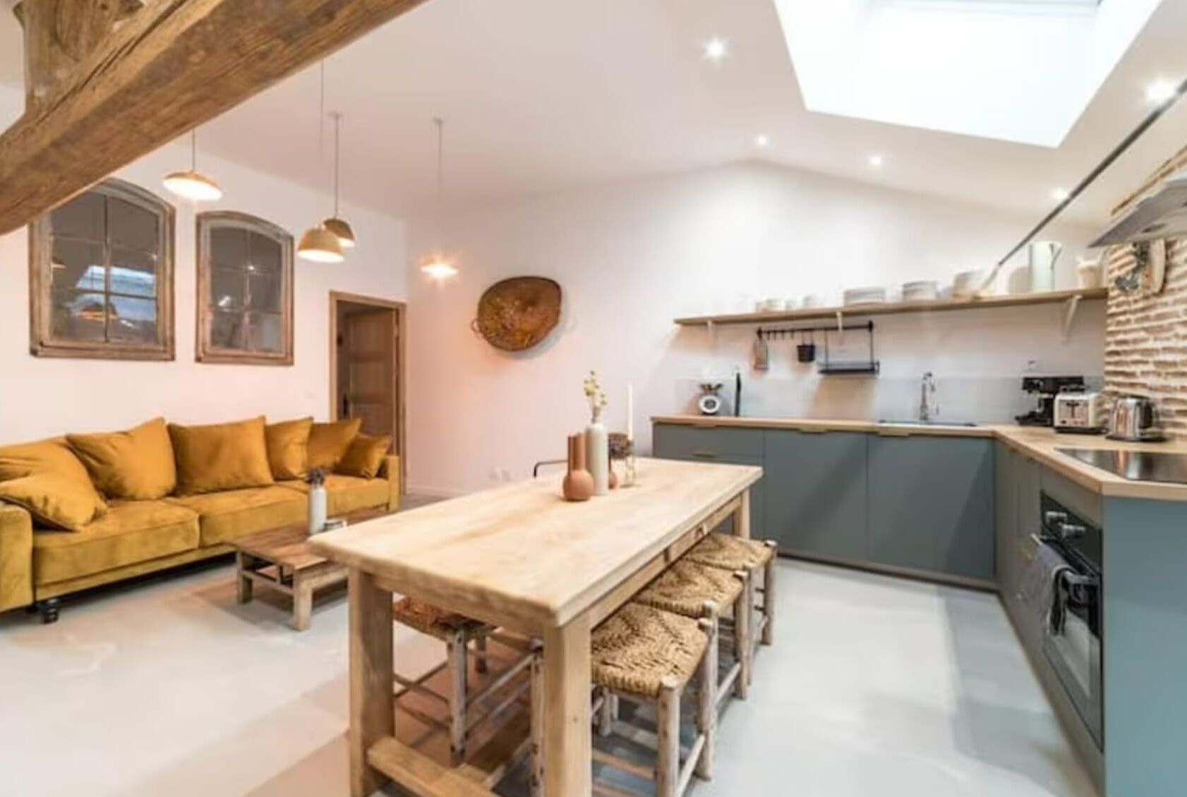 Microwave, oven, dining tables