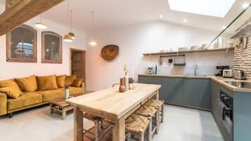 Microwave, oven, dining tables