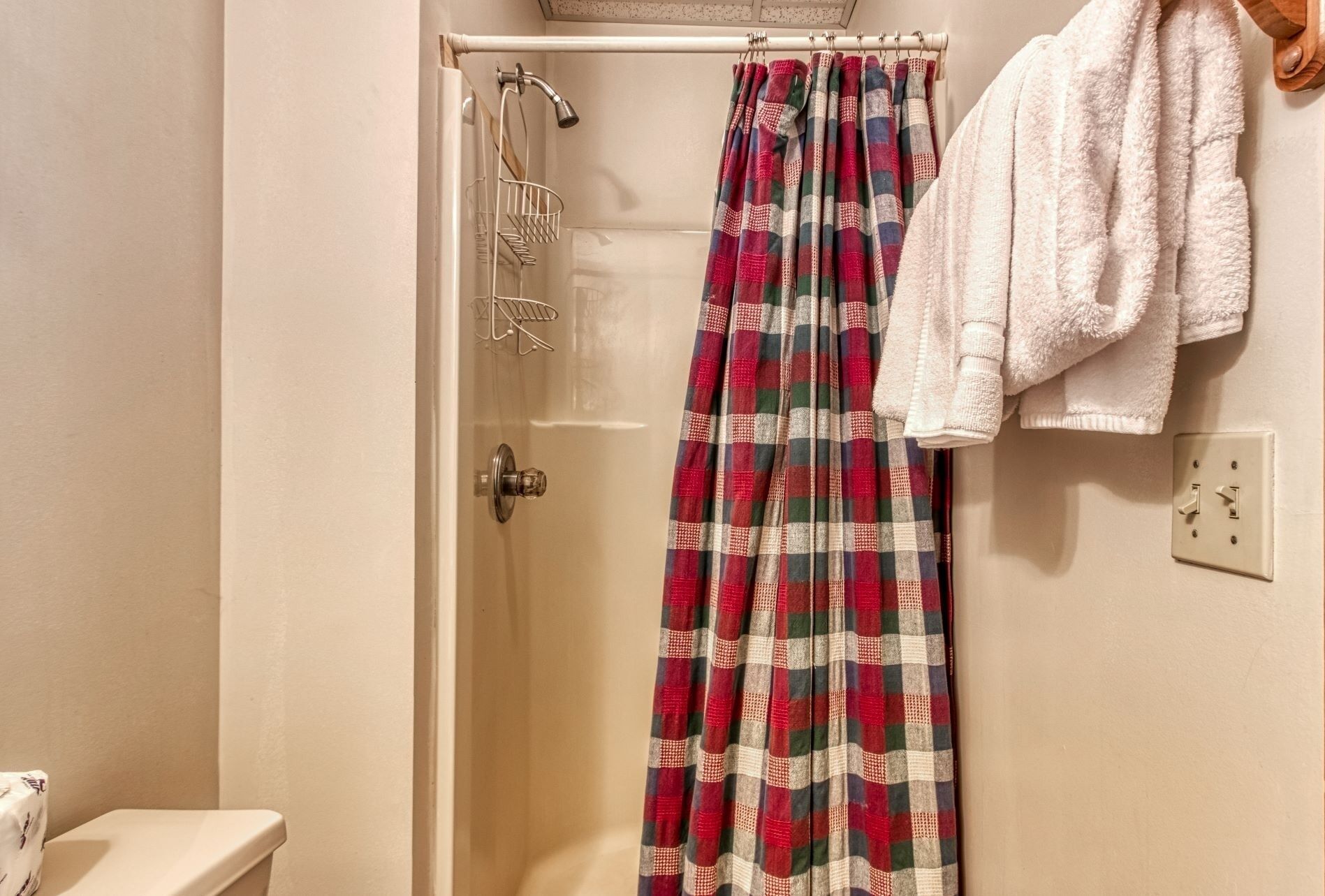 Un espace douche avec un rideau de douche à carreaux, une pomme de douche en métal et une serviette blanche suspendue à un porte-serviettes.