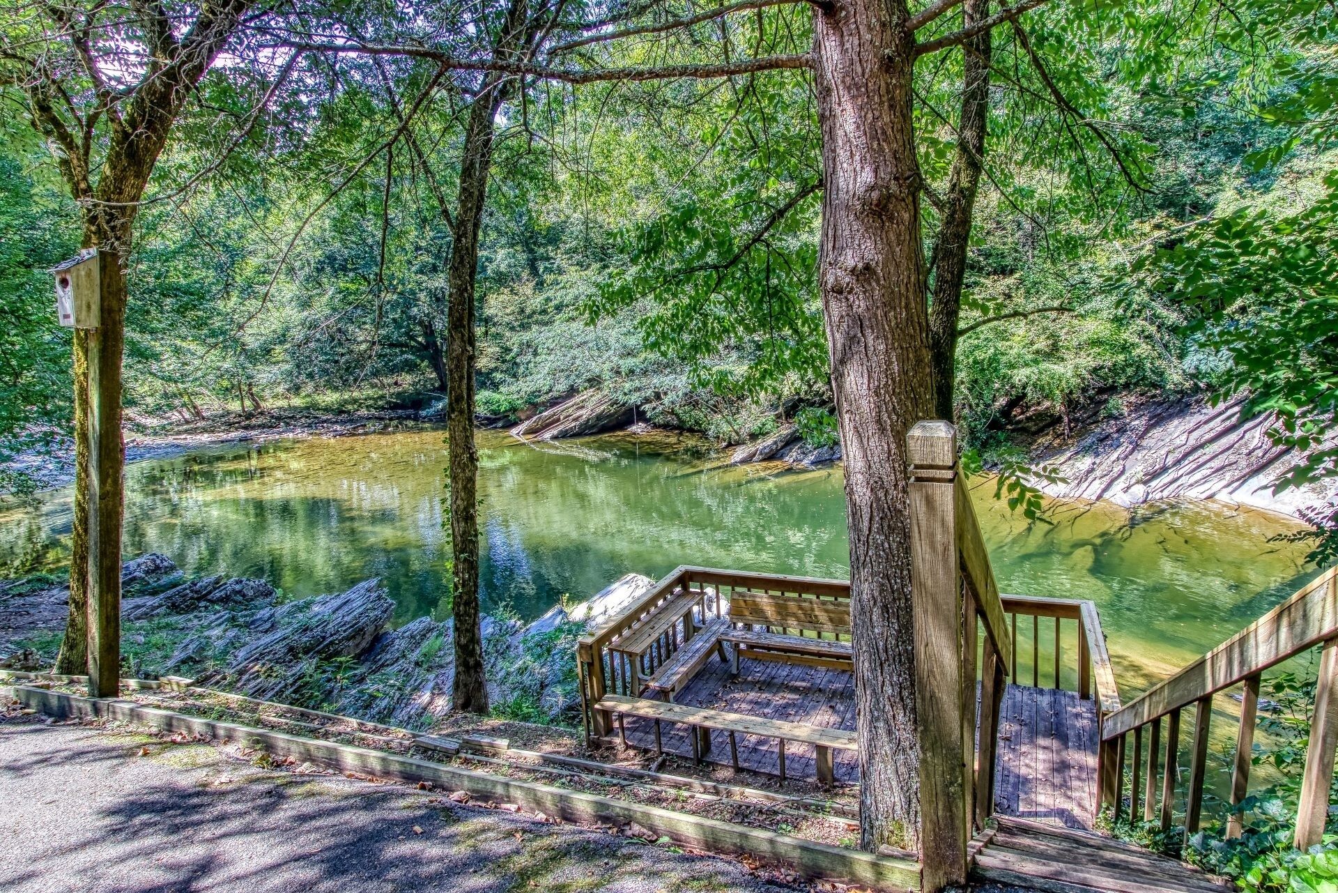 A wooden deck with a railing overlooking a calm river surrounded by dense forest.