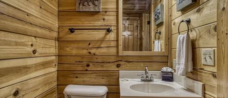 Une salle de bain rustique, aménagée dans une cabane en bois, avec des toilettes, un lavabo et un miroir.