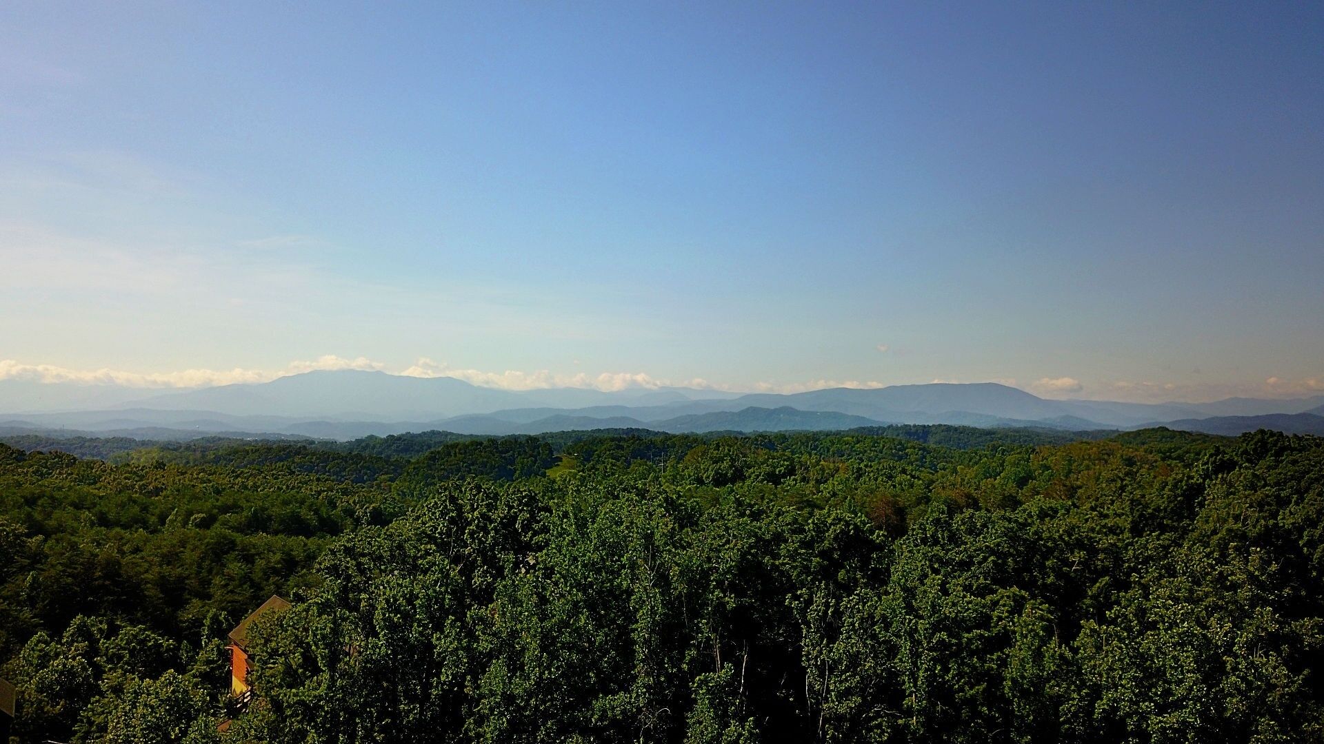 Vista panorâmica de uma paisagem montanhosa com densa vegetação florestal e cadeias de montanhas ao longe.