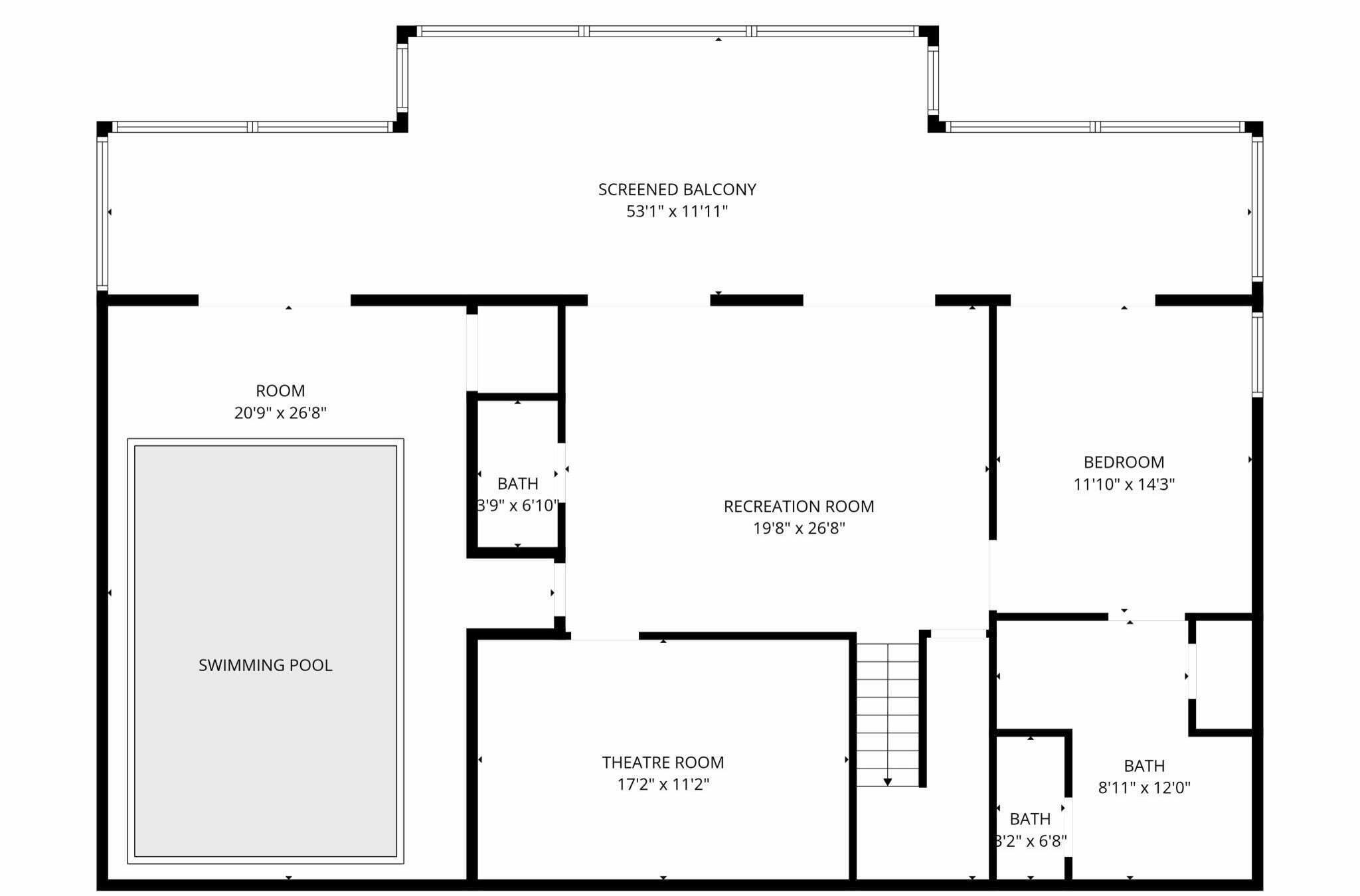 En plantegning der viser swimmingpool, værelse, badeværelse, aktivitetsrum, soveværelse, biografsal og en balkon med hegn.