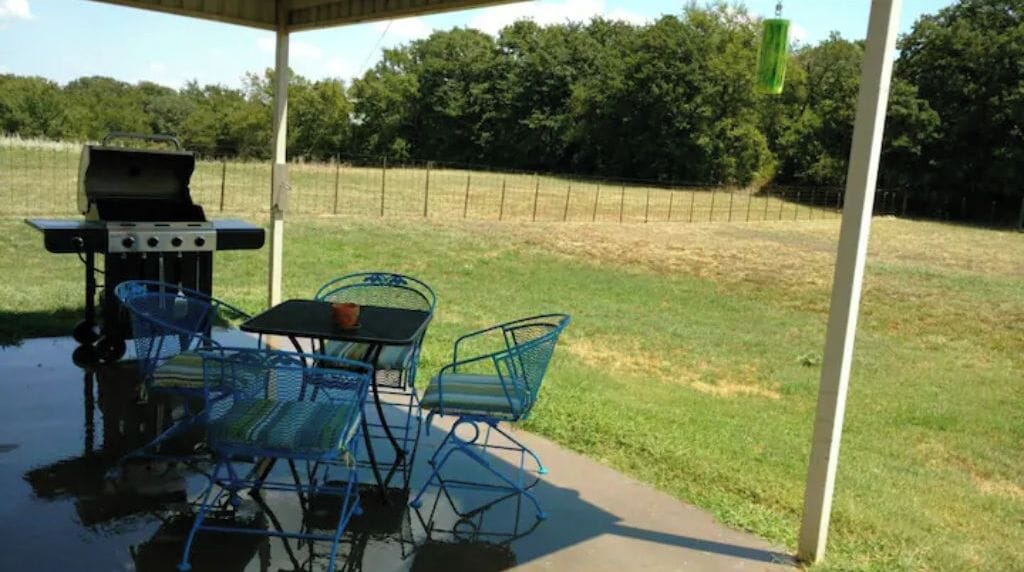 Backyard: large backyard with seating on the patio, gas, barbecue grill, swing
