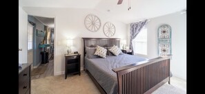 Master BR: Comfortable King Bed, closet, stylish Design, Wall mounted Smart TV