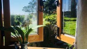 Et vindue med udsigt over et grønt landskab, en træramme og en vase med blomster på vindueskarmen.