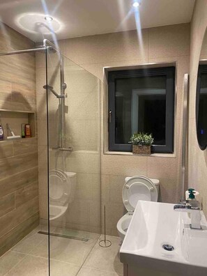 Shower, hair dryer, towels