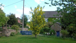 Una casa in pietra con una porta blu, immersa in un prato verdeggiante e un albero con fiori gialli.