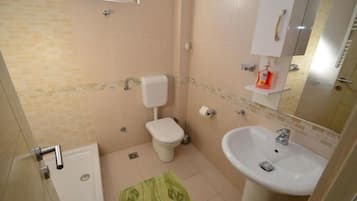 Shower, hair dryer, soap, shampoo