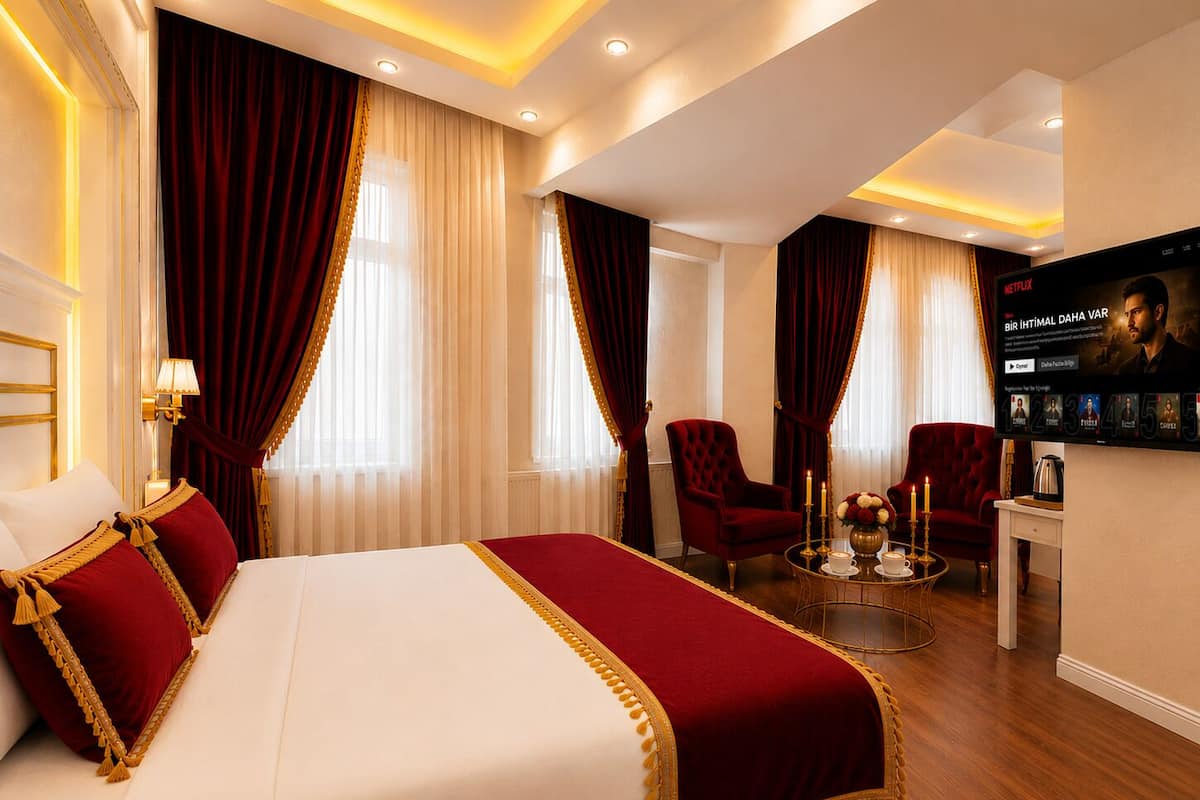 A hotel room with a large bed, two red armchairs, a small table with a candle, and a wall-mounted TV displaying a movie.