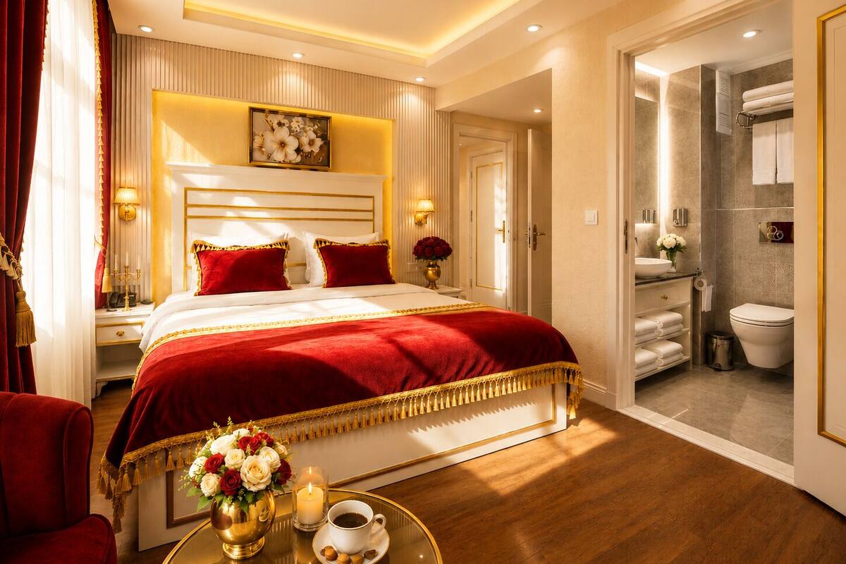 A luxurious hotel room with a large bed, a bedside table with a lamp, a vanity with a mirror, and a bathroom visible through an open door.