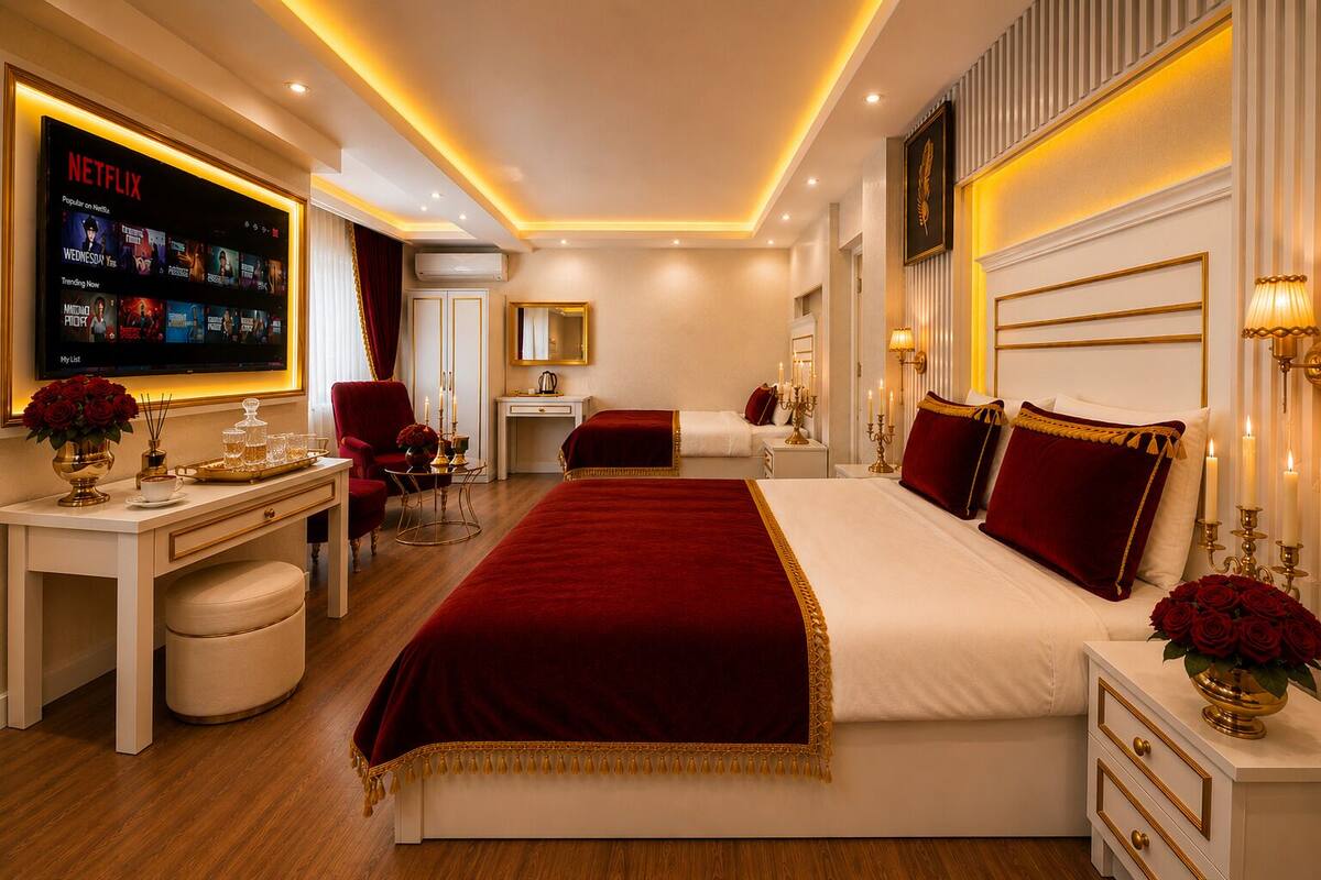 A modern hotel room with a large bed, a desk with a computer, a TV displaying Netflix, and a mirror.