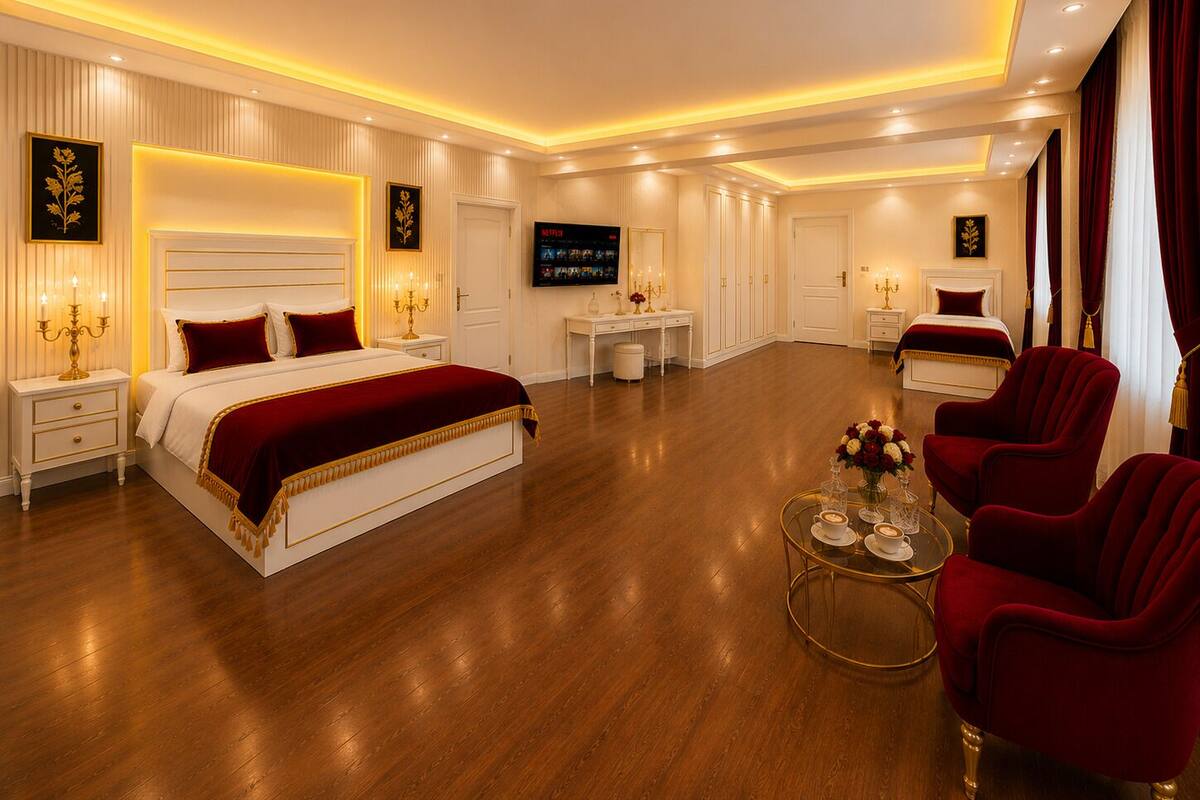 A spacious hotel room with a large bed, a sitting area with a coffee table, and a TV mounted on the wall.