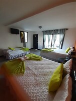 Una habitación de hotel con dos camas, un televisor montado en la pared y una puerta.