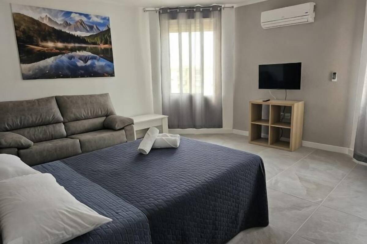A bedroom with a bed, a sofa, a TV on a stand, a painting on the wall, and a window with curtains.