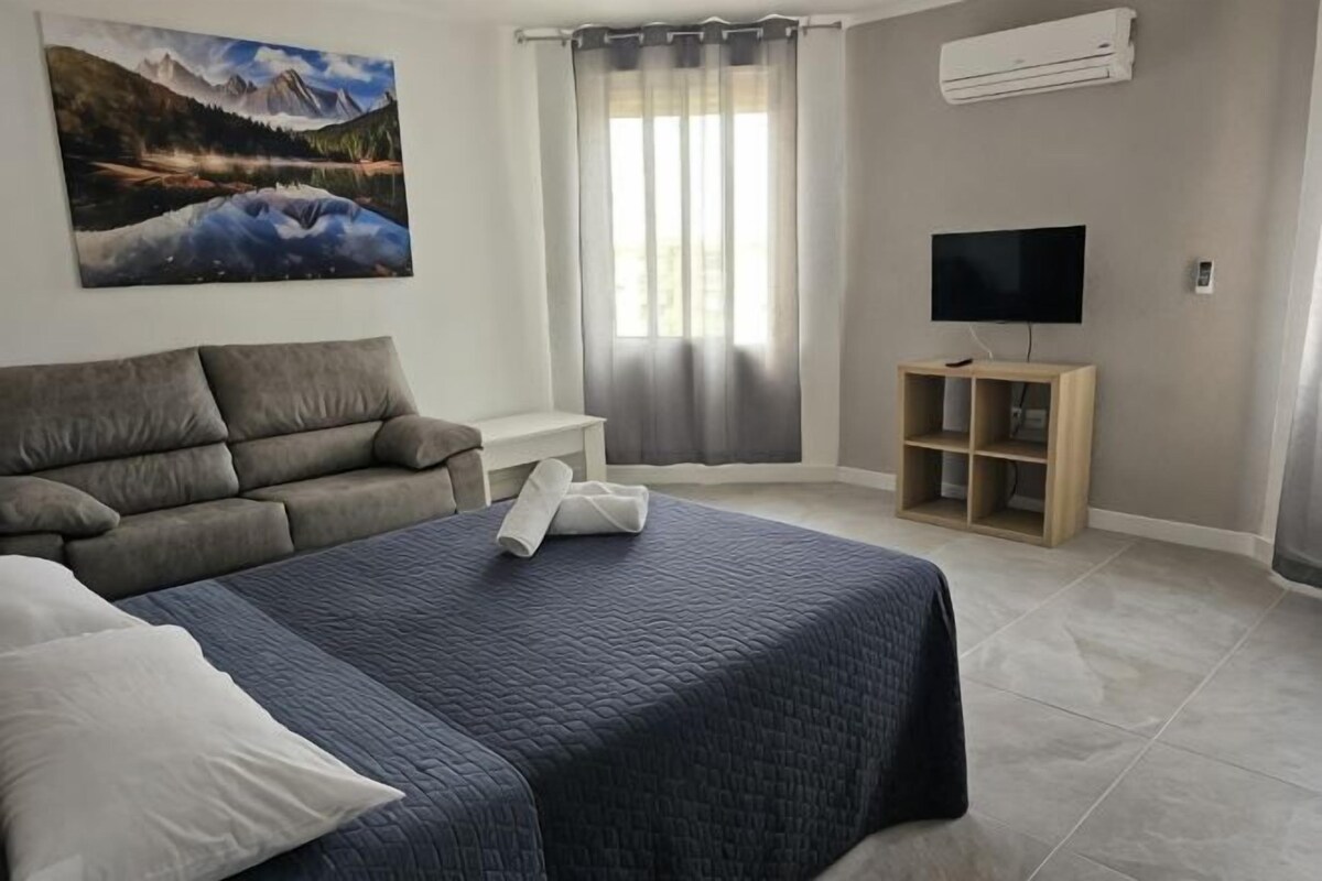 Quarto com cama, sofá, televisão em um suporte, pintura na parede e janela com cortinas.