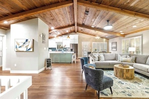 Smart TV, fireplace, table football, books