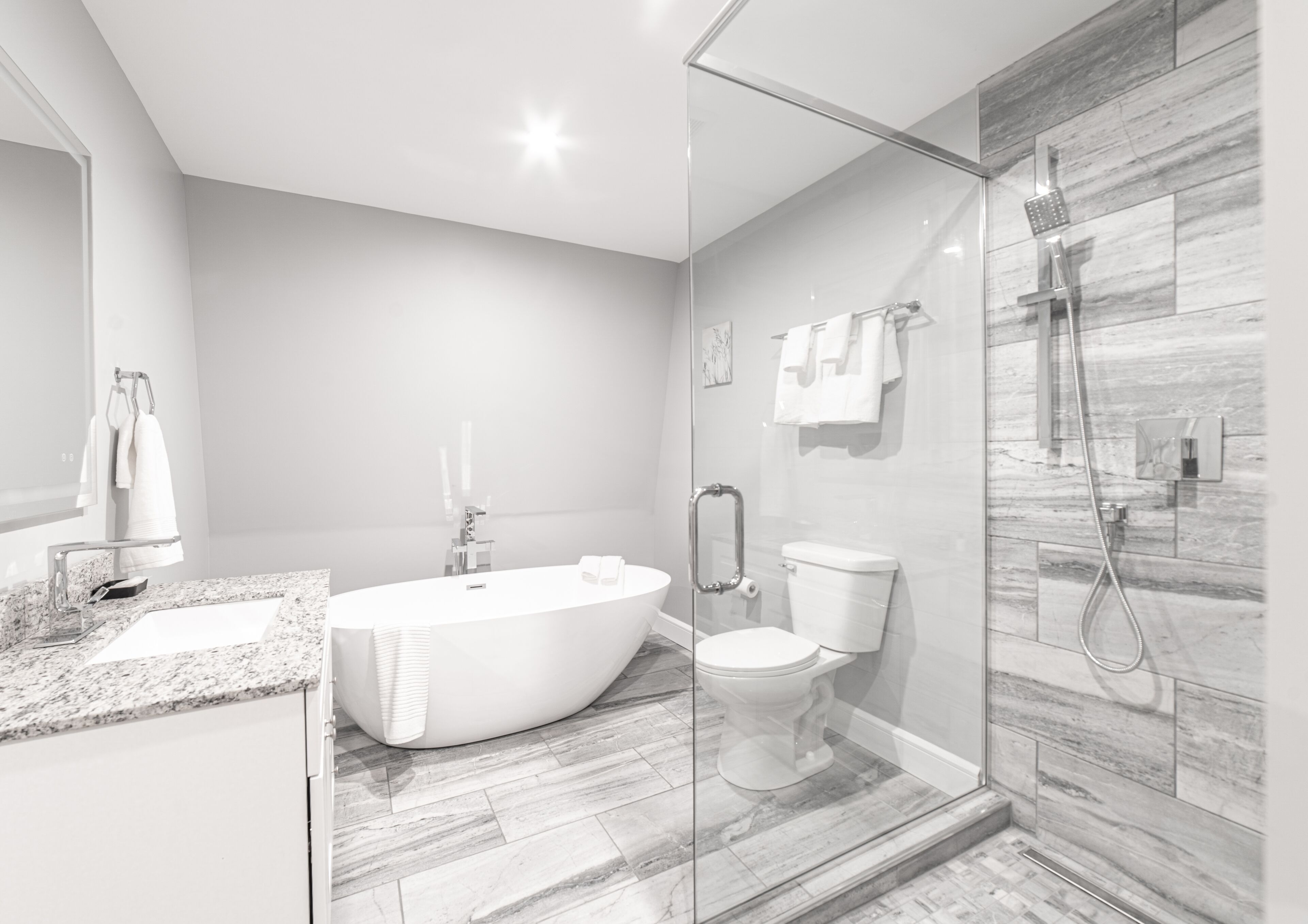 A modern bathroom with a freestanding bathtub, a glass-enclosed shower, and a toilet.