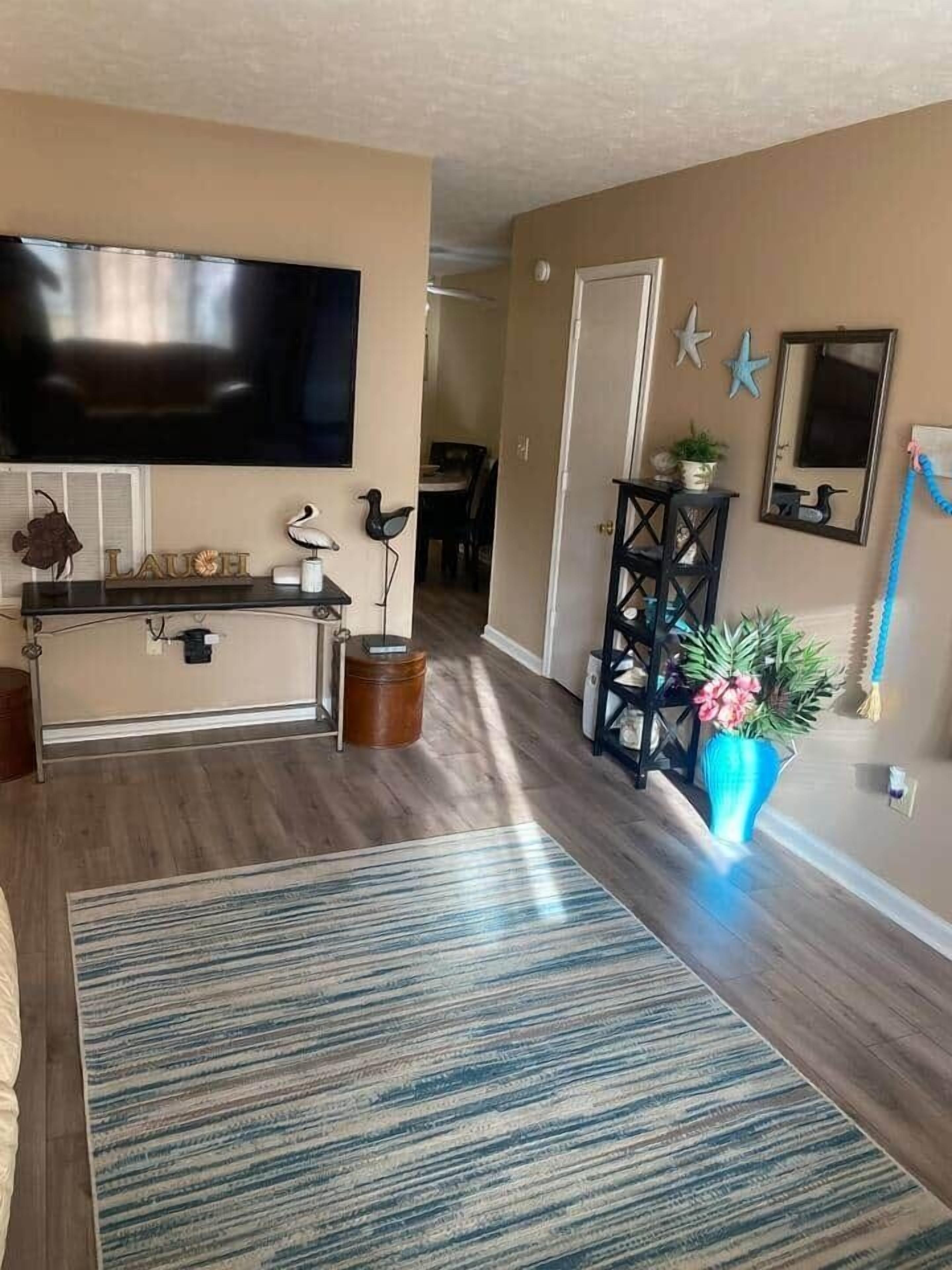 Un salon doté d’un téléviseur à écran plat, d’une console, d’un tapis à rayures bleues, d’un parquet foncé, d’une porte, d’une petite plante et de décorations murales.