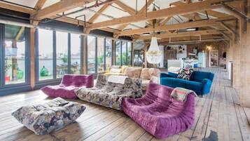 Smart TV, fireplace, foosball