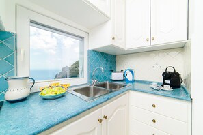 Full-size fridge, microwave, stovetop, dishwasher