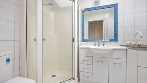 Shower, hair dryer, towels
