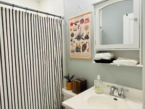 Hair dryer, towels, soap, shampoo