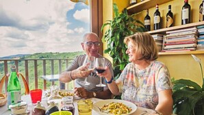 Una mesa de comedor con vistas panorámicas, botellas de vino en estantes y una planta en maceta.