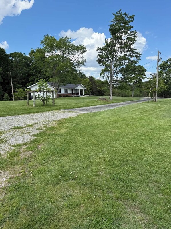 A house with a porch, surrounded by a grassy yard and trees.