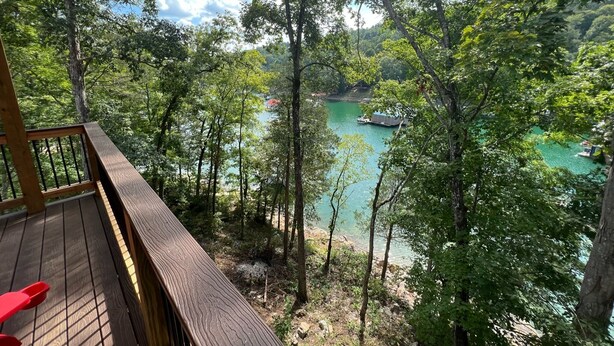 A wooden deck overlooking a forested area with a river and boats. - 25% late summer discount! Lakefront | 2 slip covered dock | Hot tub | (Speedwell)