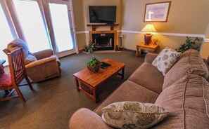 TV, fireplace, DVD player, video library